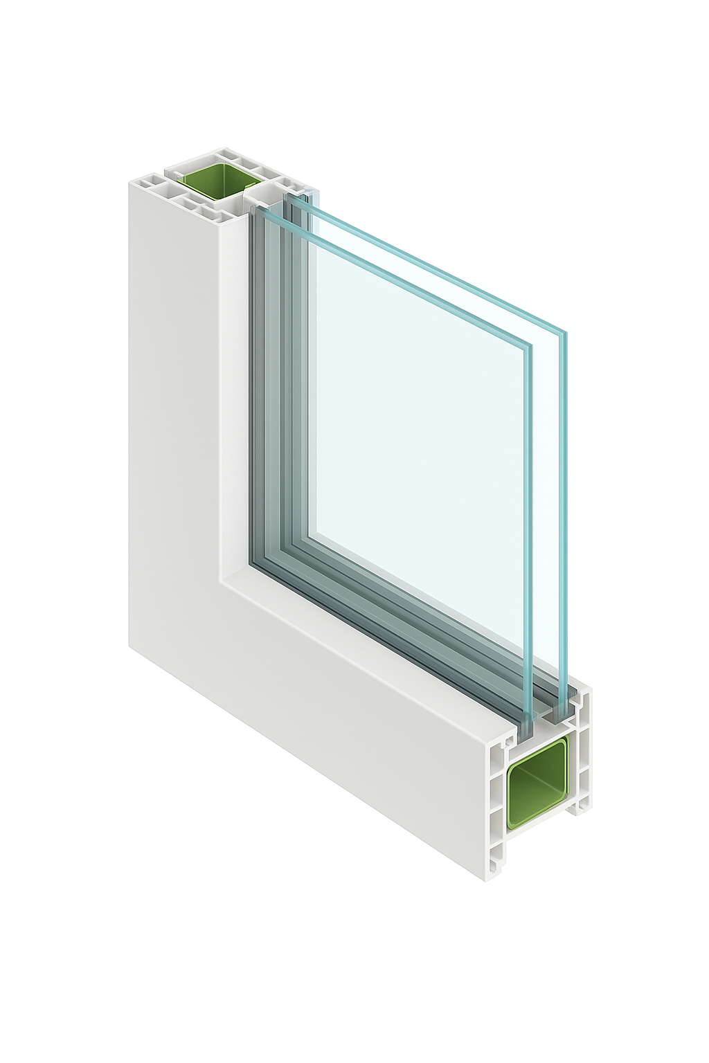 Querschnitt eines weißen PVC-Fensterrahmens mit zweifach isoliertem Sicherheitsglas im AMF-Maß für Katzenklappen
