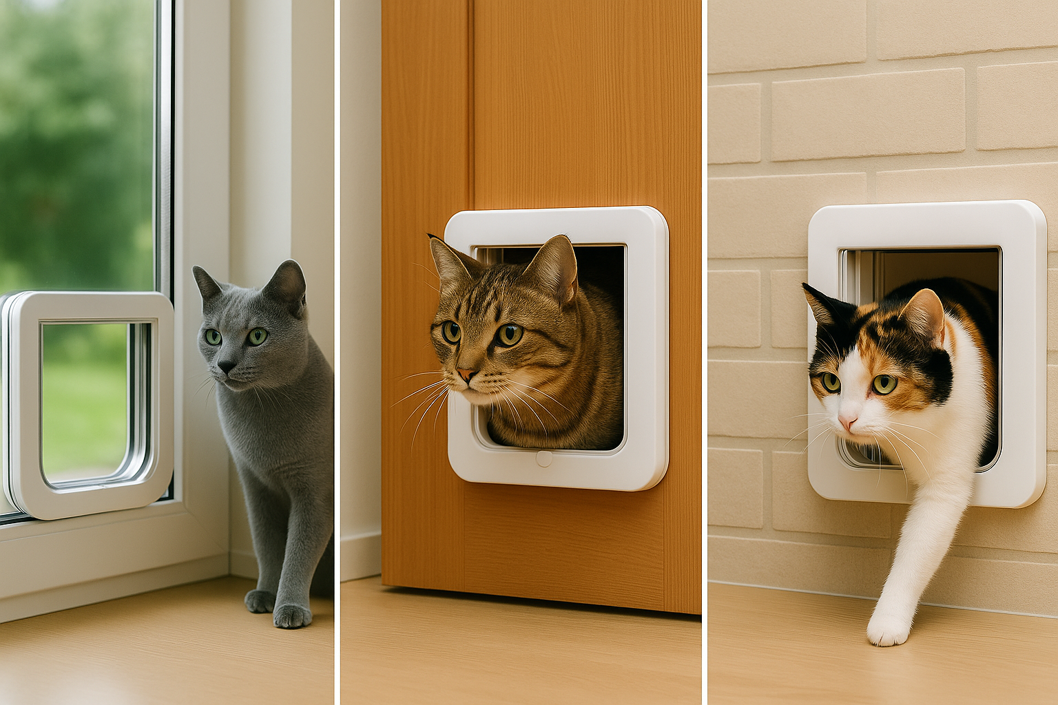Drei Katzen benutzen moderne Katzentüren in Glas-, Holz- und Mauerwerkstüren – praktische Beispiele für verschiedene Einbauarten