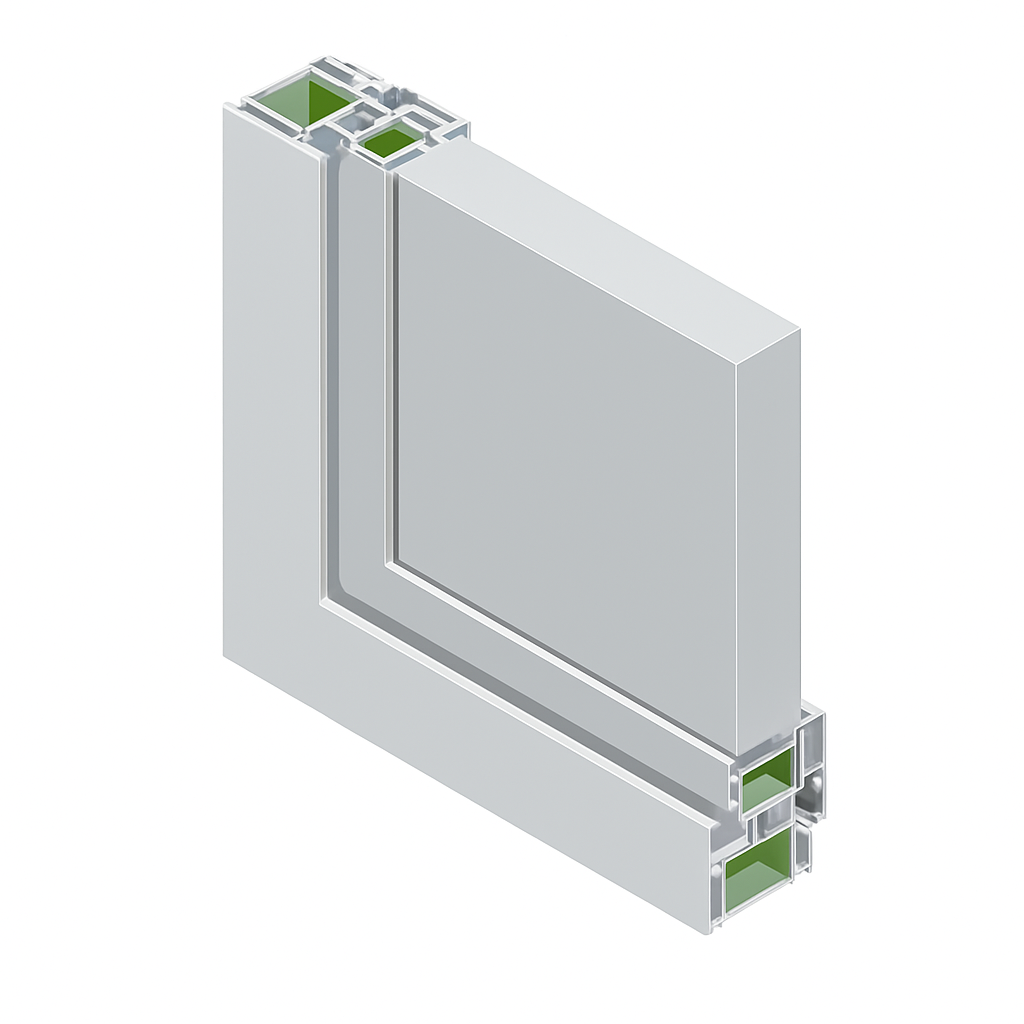 Querschnitt eines modernen Aluminium-Fensterprofils mit wärmegedämmtem Rahmen – geeignet für den Einbau einer Katzenklappe in Holztüren oder sonstige Paneele
