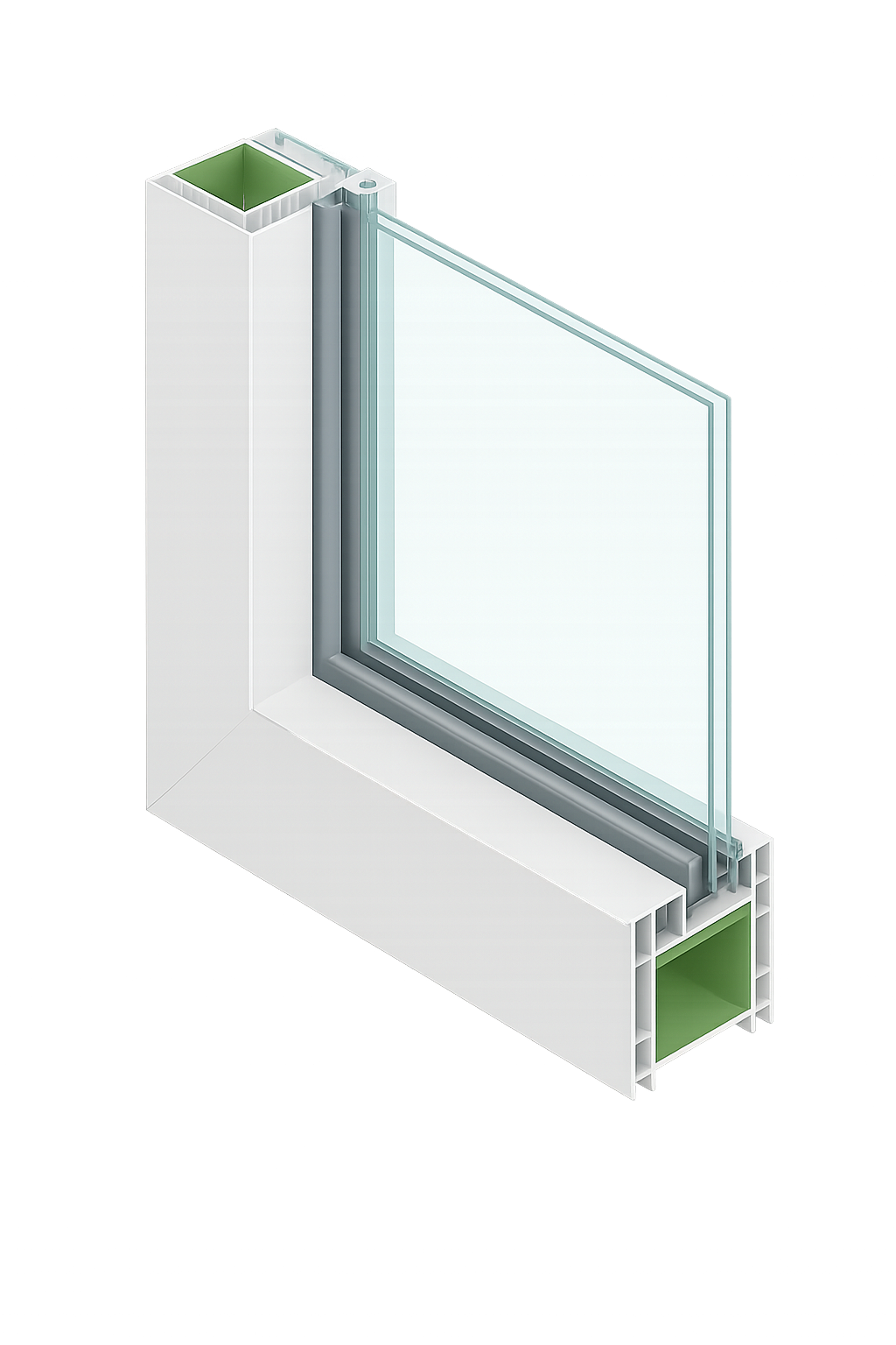 Querschnitt eines weißen Kunststoff-Fensterprofils mit transparenter Acrylscheibe, unisoliert, für den Einbau einer Katzenklappe