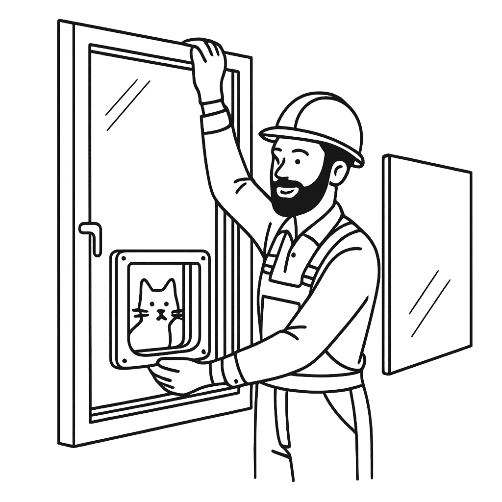 Illustration eines Monteurs, der eine Katzentür in ein Fenster mit Doppelverglasung einbaut, Lieferung und Montage inklusive